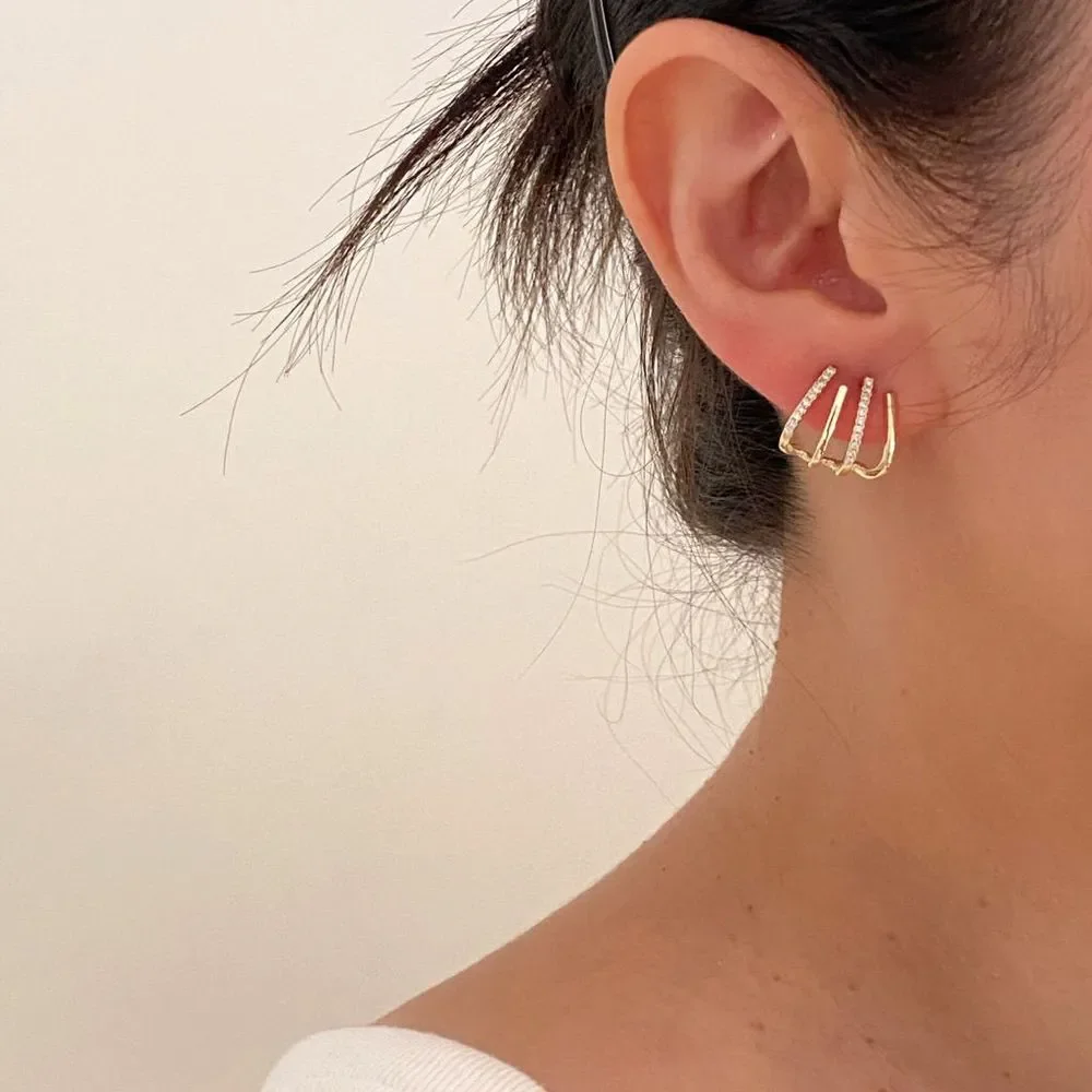 18K Thick Gold Plated Polly Pave Claw Hoops Stud Earrings